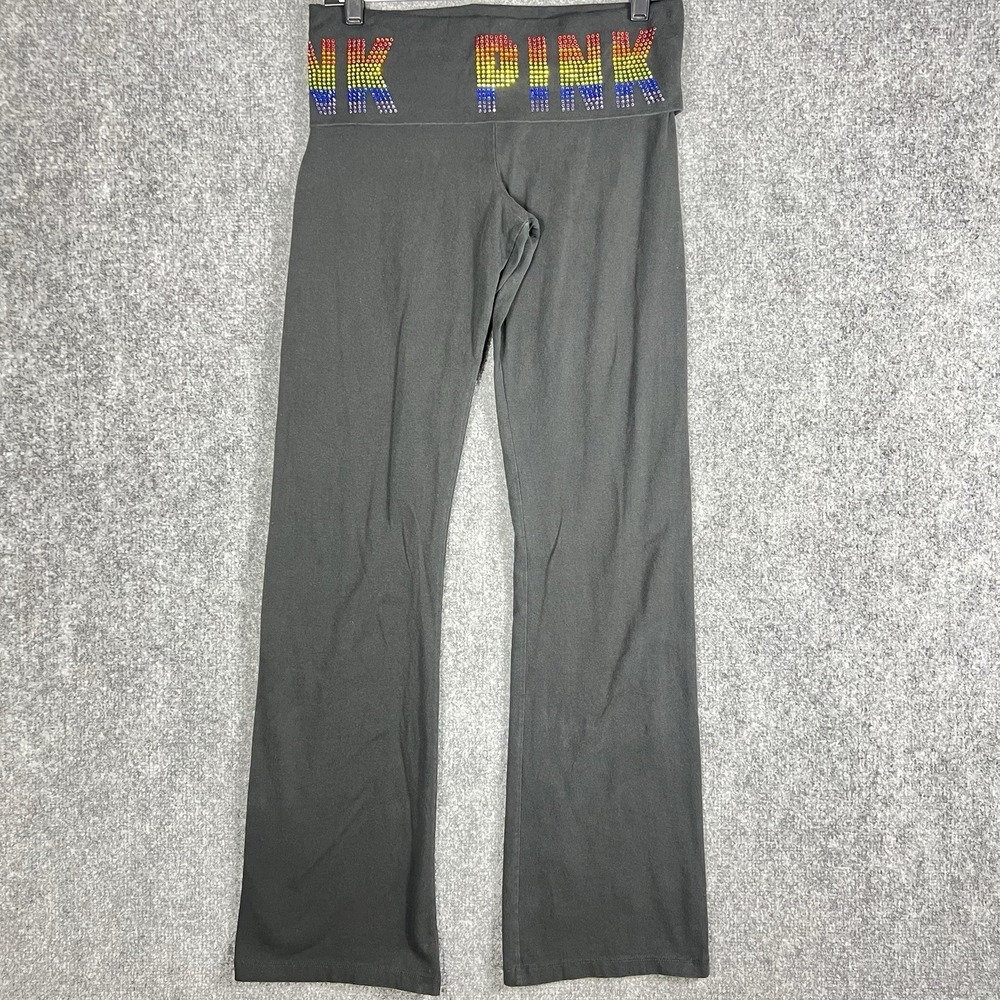 Victoria's Secret PINK Yoga Flare Pants Medium Rainbow Rhinestone Foldover